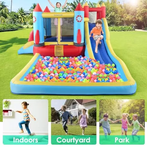 Akeydiy Inflatable Water Slide Bounce House, 13x12ft, offers a unique rocket-themed playground design, perfect for active kids' outdoor fun.