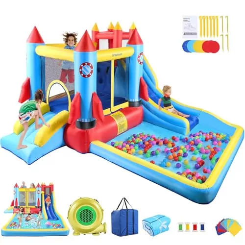 Inflatable water slide bounce house for kids, featuring a rocket theme. A 13x12ft backyard playground perfect for summer fun and excitement.