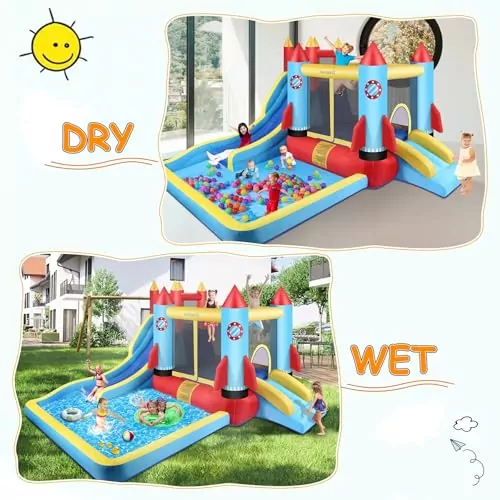 Inflatable rocket-themed water slide and bounce house playground designed for children, perfect for backyard entertainment and summer fun activities.