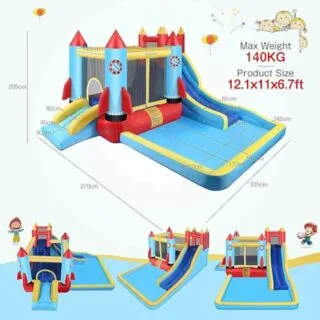 Vibrant rocket-themed inflatable water slide and bounce house designed for children's outdoor play, combining fun and adventure in a safe environment.