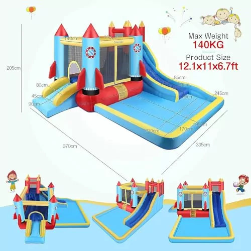 Vibrant rocket-themed inflatable water slide and bounce house designed for children's outdoor play, combining fun and adventure in a safe environment.