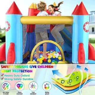 Rocket-themed inflatable water slide and bounce house playground for kids, 13x12ft. Ideal for outdoor fun and imaginative play in backyards.