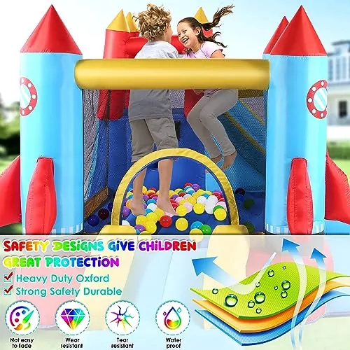 Rocket-themed inflatable water slide and bounce house playground for kids, 13x12ft. Ideal for outdoor fun and imaginative play in backyards.