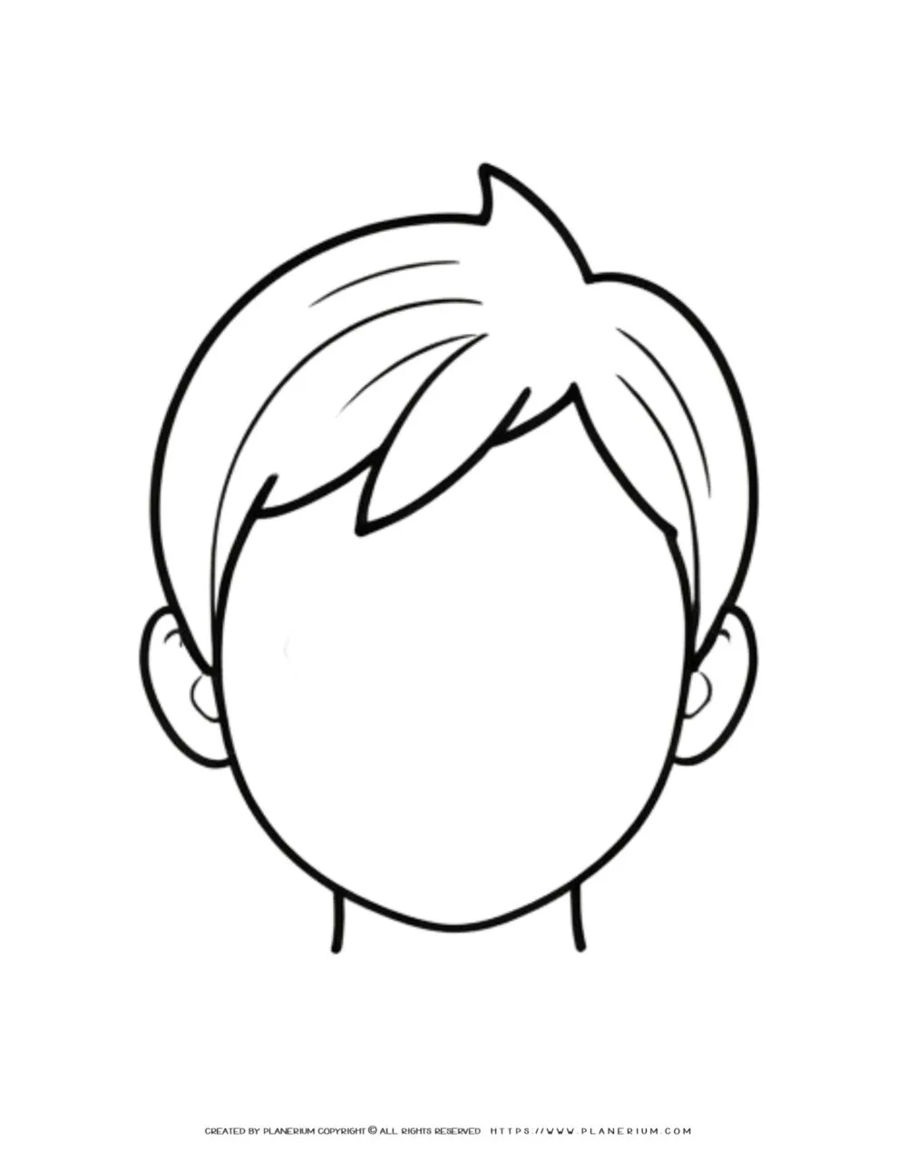 Outline illustration of a young boy's face featuring short hair, designed for coloring activities. Perfect for children's art and educational purposes.