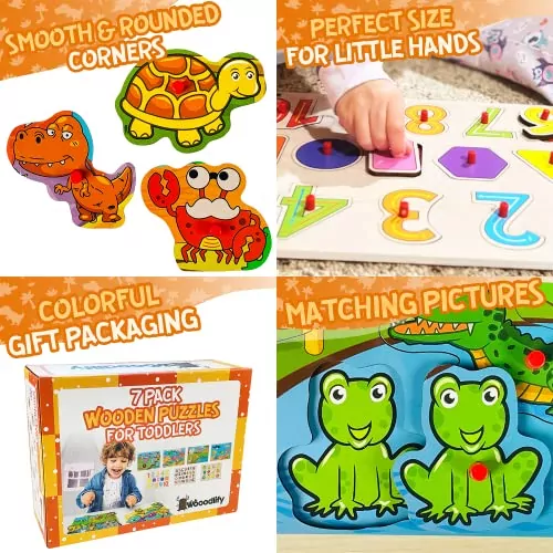 Engage toddlers with this vibrant seven-pack of wooden puzzles, designed to boost early learning skills through colorful, interactive play.