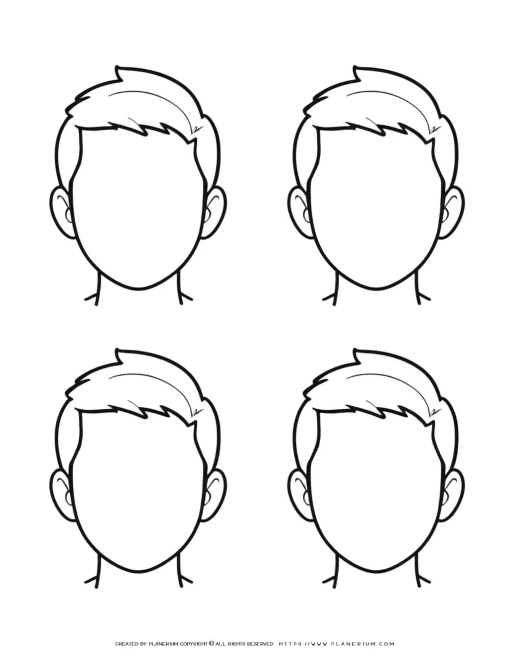 Illustration of Four Blank Male Faces with Short Hair, Ideal for Drawing and Coloring Practice. Sketch Template for Artists and Designers.