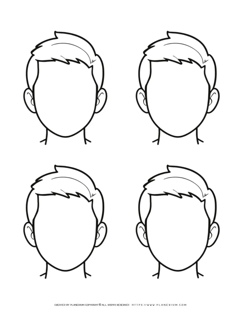 Illustration of Four Blank Male Faces with Short Hair, Ideal for Drawing and Coloring Practice. Sketch Template for Artists and Designers.