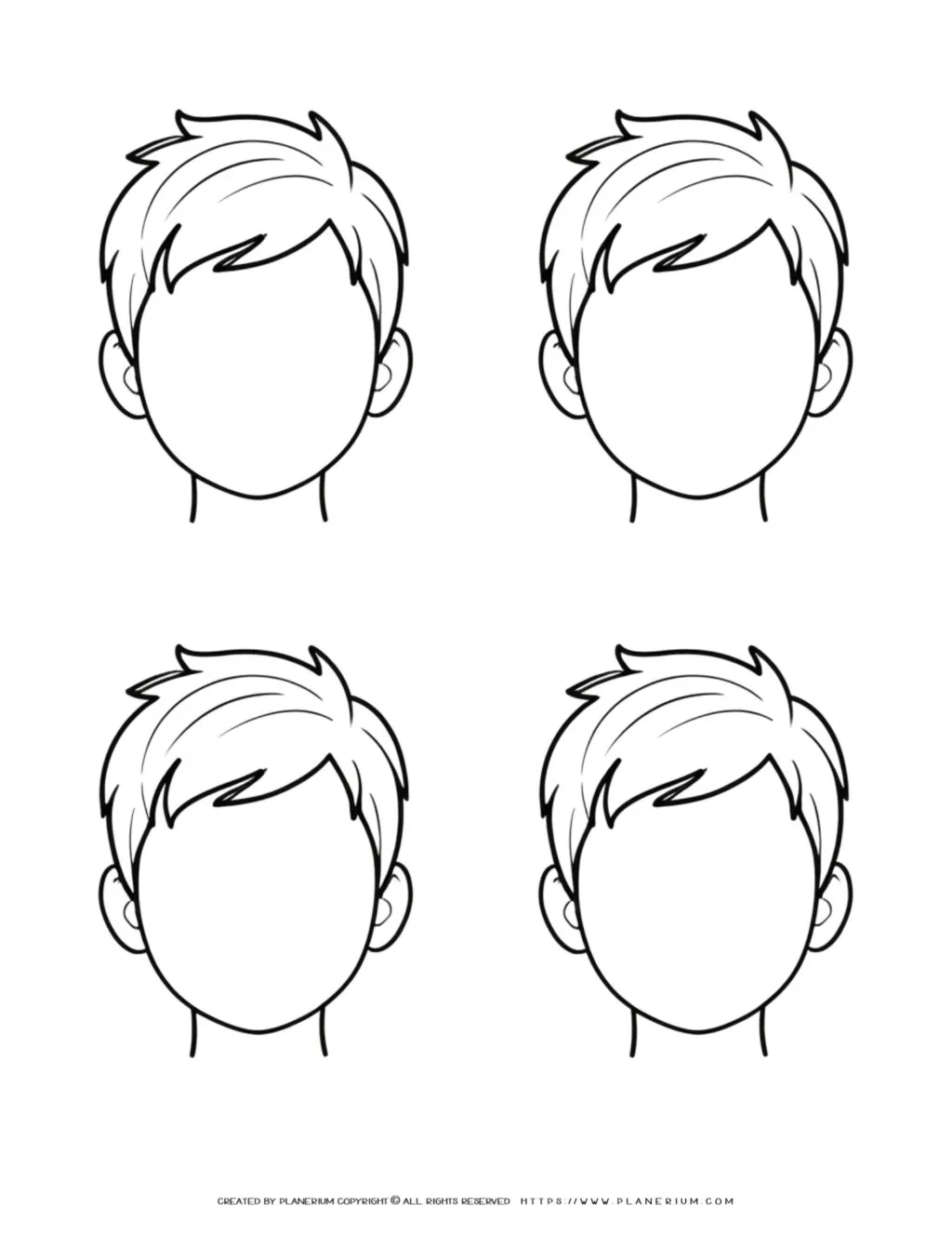 Illustration of a young boy featuring four distinct blank facial expressions, highlighting variations for creative coloring and design activities.