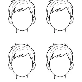 Illustration of a young boy featuring four distinct blank facial expressions, highlighting variations for creative coloring and design activities.