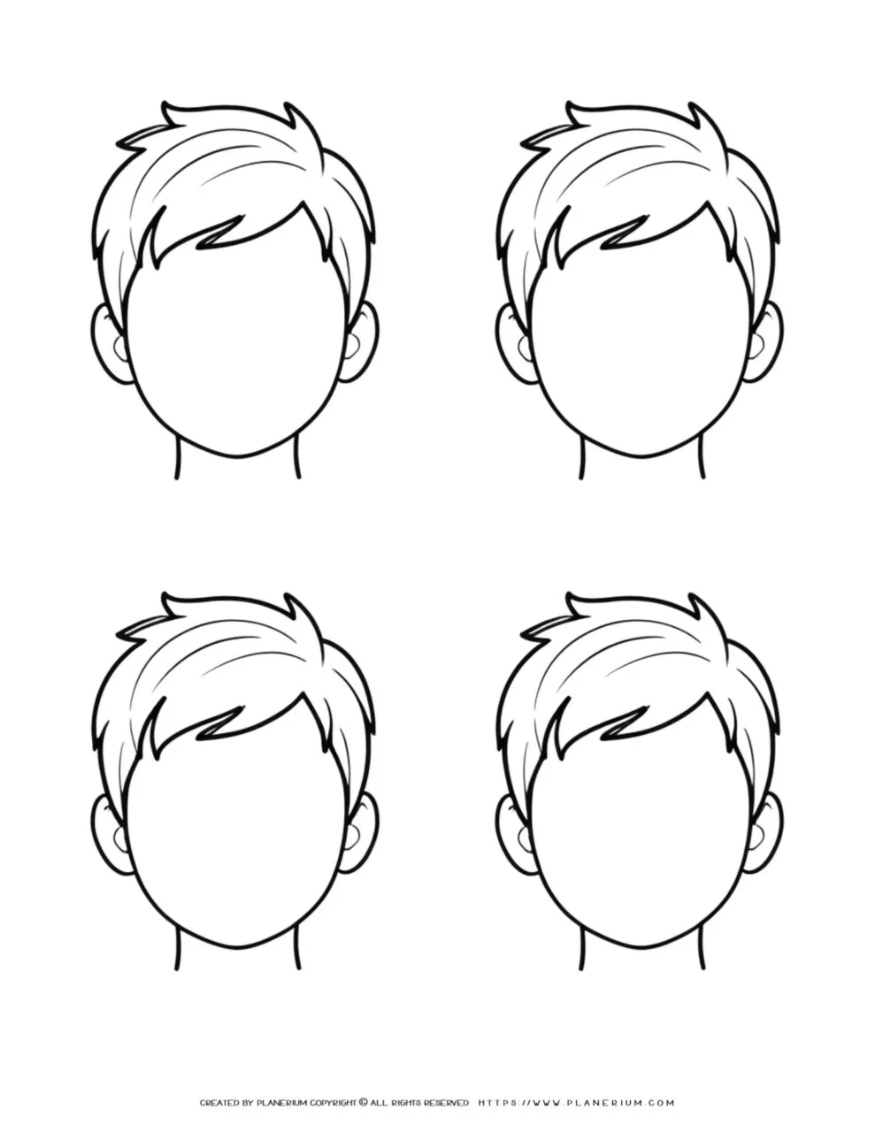 Illustration of a young boy featuring four distinct blank facial expressions, highlighting variations for creative coloring and design activities.