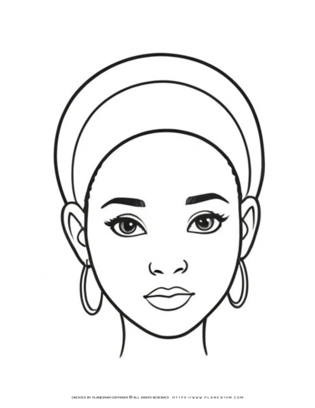 Front view of a woman showcasing urban style with hoop earrings and a trendy head wrap, highlighting contemporary fashion elements.