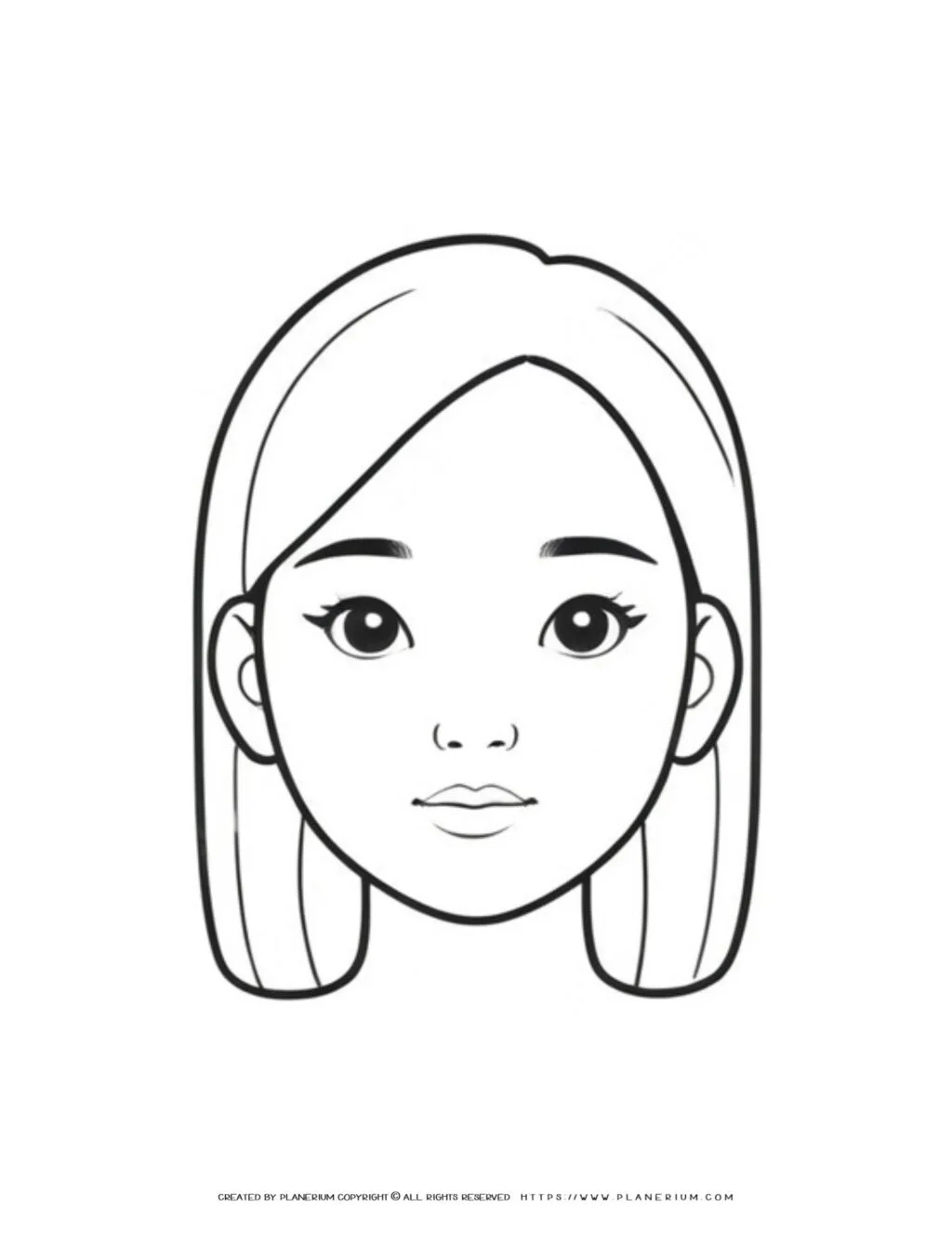 Outline of a girl's face from the front view, ideal for coloring activities, offering a creative expression opportunity for illustrators and artists.