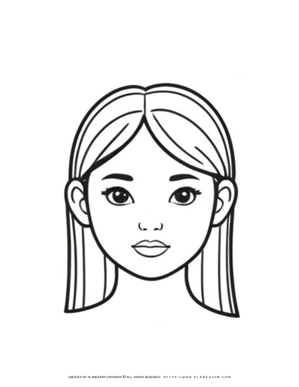 Black and white coloring page featuring a front view portrait of a girl with long, flowing hair, ideal for kids' art activities.