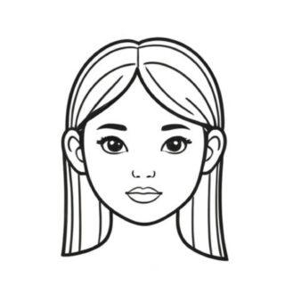 Black and white coloring page featuring a front view portrait of a girl with long, flowing hair, ideal for kids' art activities.