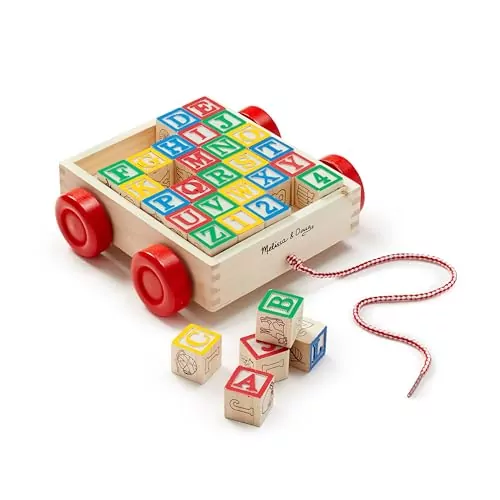 Melissa & Doug Classic ABC Block Cart features 30 wooden blocks designed to enhance early learning, promoting vital skills in letter recognition and creativity.