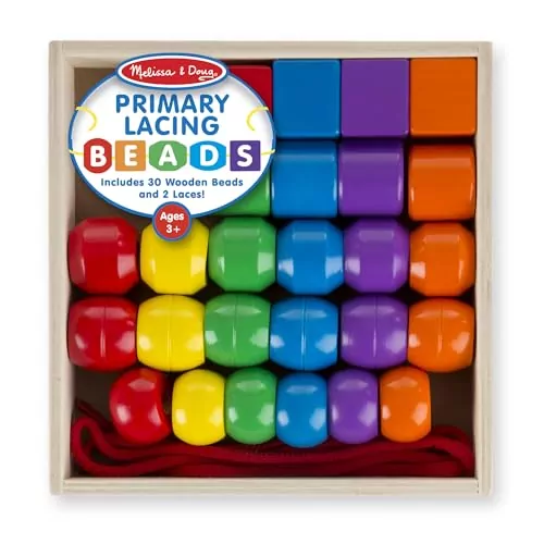 Enhance fine motor skills with the Melissa & Doug Lacing Beads Set, featuring colorful wooden beads perfect for toddler learning and playful development.