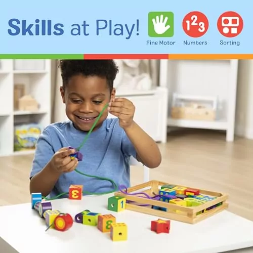 Enhance children's learning with the Melissa & Doug Wooden Lacing Beads Set featuring 27 vibrant beads and two laces, perfect for developing fine motor skills.
