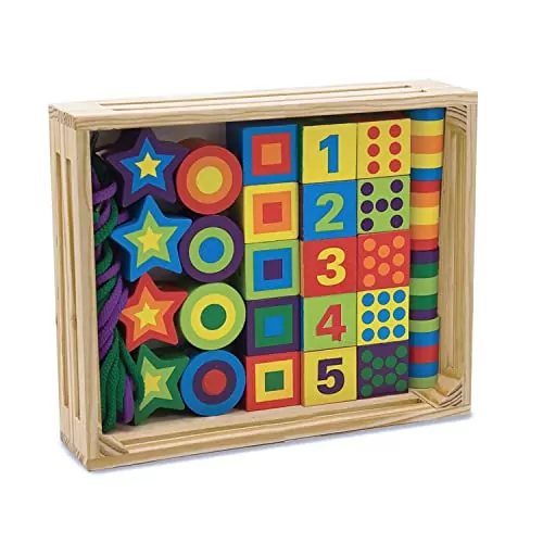 Explore educational fun with the Melissa & Doug Wooden Lacing Beads Set, featuring 27 vibrant pieces that enhance fine motor skills and creativity in children.