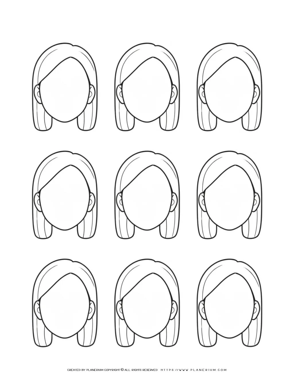 Creative artwork featuring nine blank female face templates, perfect for drawing, sketching, and coloring enthusiasts seeking inspiration and practice.