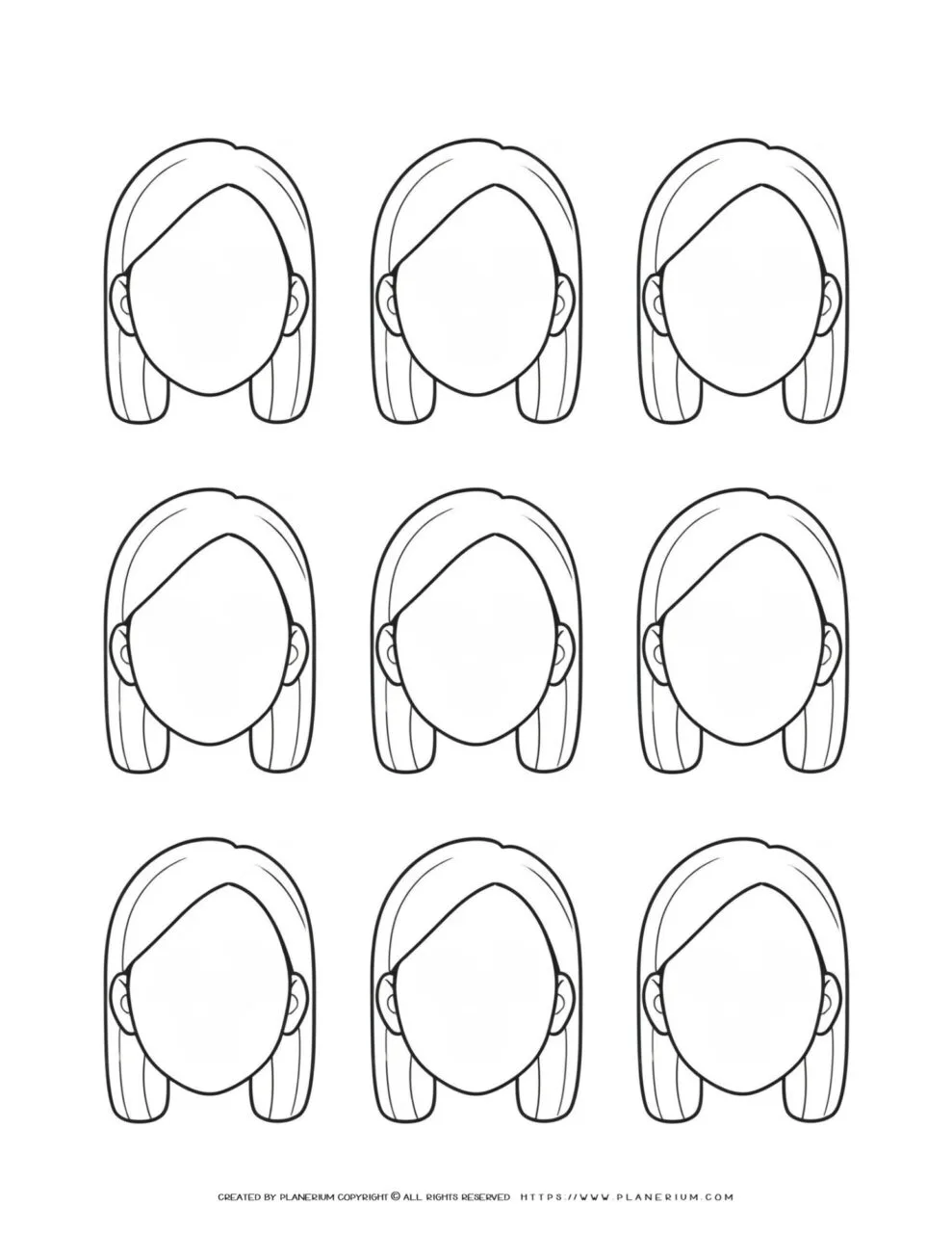 Creative artwork featuring nine blank female face templates, perfect for drawing, sketching, and coloring enthusiasts seeking inspiration and practice.