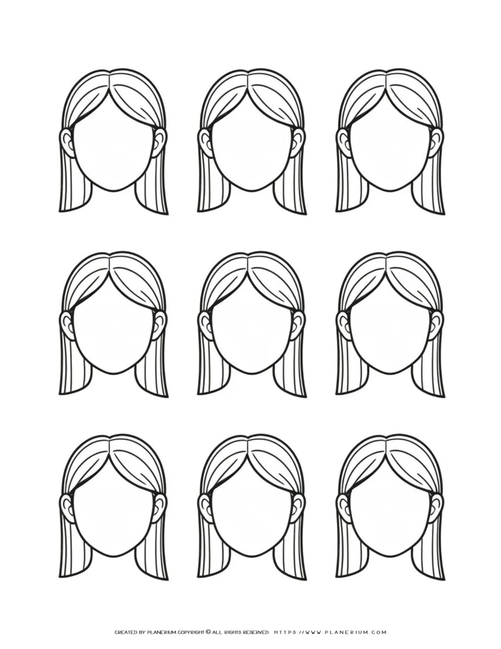 Illustration featuring nine blank girl face templates, ideal for drawing and coloring, perfect for creative art projects and educational activities.