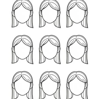 Illustration featuring nine blank girl face templates, ideal for drawing and coloring, perfect for creative art projects and educational activities.