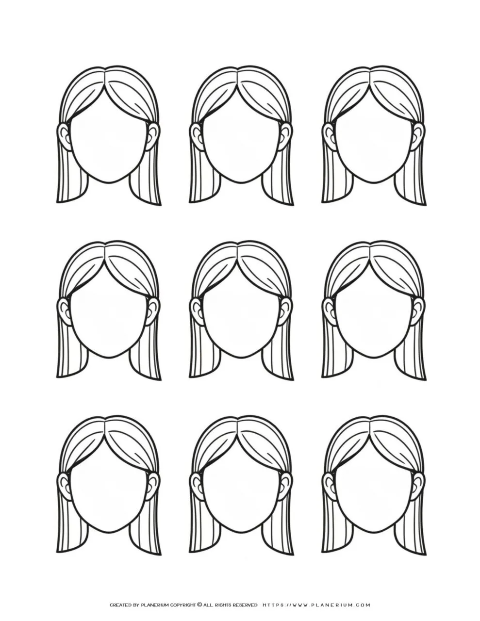 Illustration featuring nine blank girl face templates, ideal for drawing and coloring, perfect for creative art projects and educational activities.