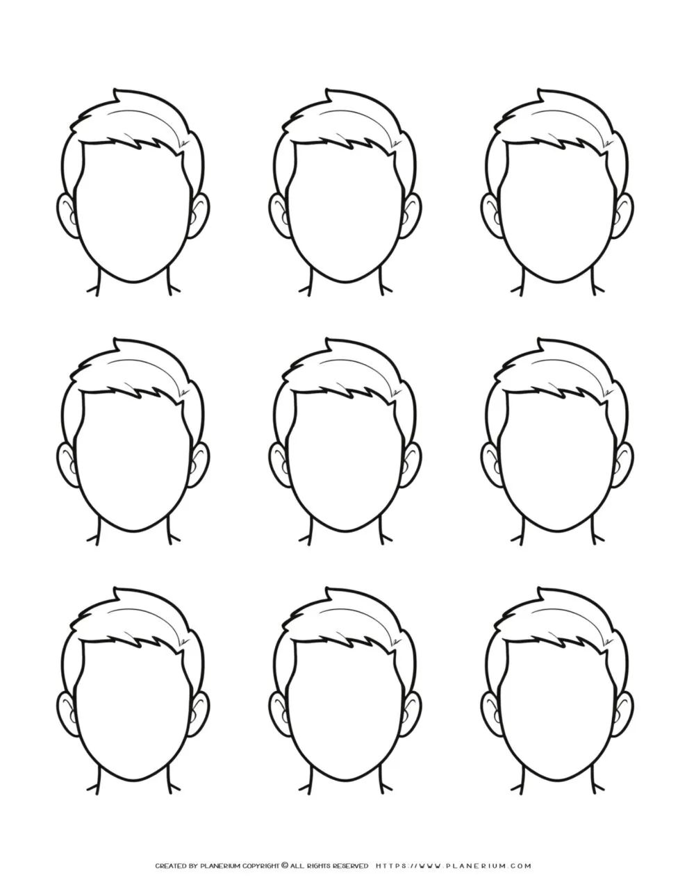 Illustration Guide: Coloring and Drawing Techniques for Nine Male Faces with Short Hair - Enhance Your Artistic Skills with This Step-by-Step Tutorial.