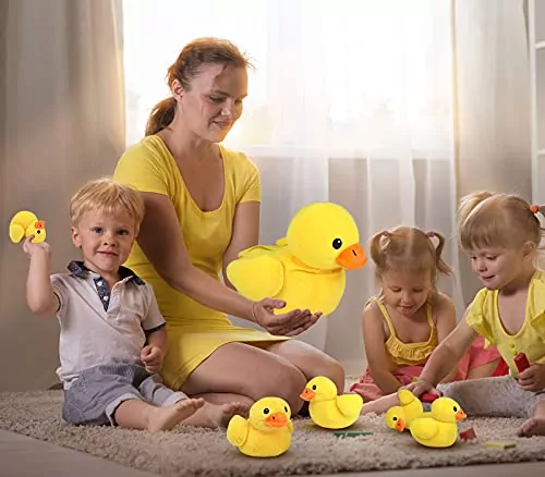 Plush yellow duck playset featuring baby ducks and a zipper pocket, ideal for children's educational play and imaginative fun.