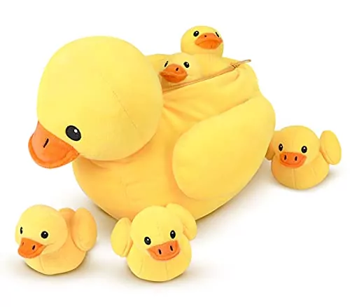 Plush yellow duck playset featuring a mother and baby ducks with a zipper pocket, perfect educational toy for enhancing kids' imaginative play.