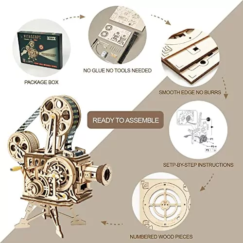 3D Wooden Vitascope Puzzle: Vintage Cinema Model Kit for Adults. Engaging Mechanical Educational Toy, Perfect for Creative and Learning Enthusiasts.