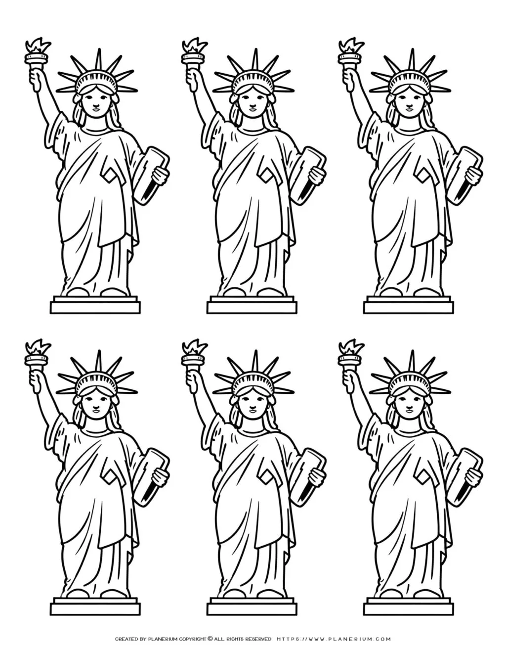 Engage kids in a creative coloring activity with vibrant Statue of Liberty outlines, enhancing their knowledge through fun and interactive learning.