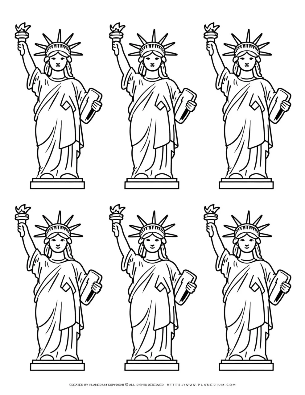 Engage kids in a creative coloring activity with vibrant Statue of Liberty outlines, enhancing their knowledge through fun and interactive learning.