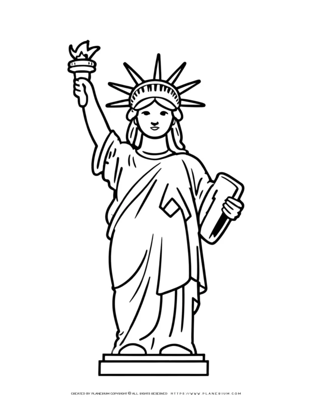 Outline drawing of the Statue of Liberty, an iconic landmark, ideal for coloring page design and educational activities.