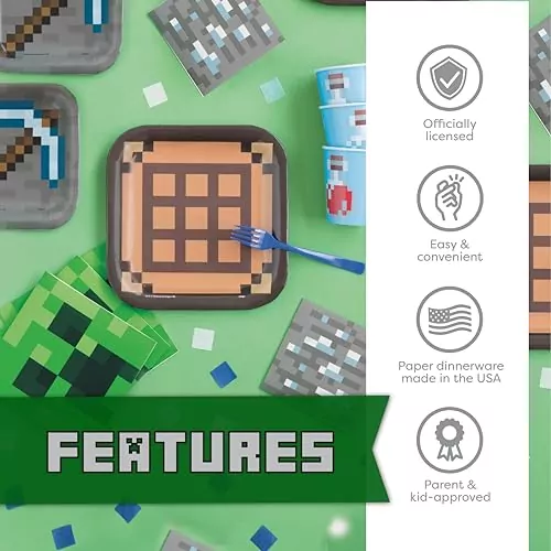 Comprehensive Minecraft Birthday Party Kit featuring vibrant decorations and supplies, ideal for teachers and children celebrating in style.