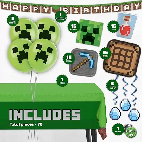 Minecraft Birthday Party Kit: Complete Supplies and Decorations for 16 Guests - Ideal for Educators and Kids' Celebrations