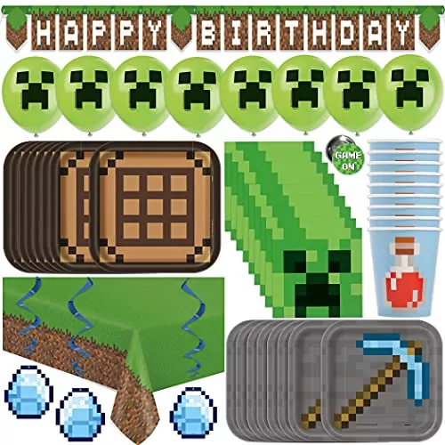 Minecraft Birthday Party Kit with Supplies & Decorations for 16 Guests: Educational and Fun Experience for Kids' Celebrations
