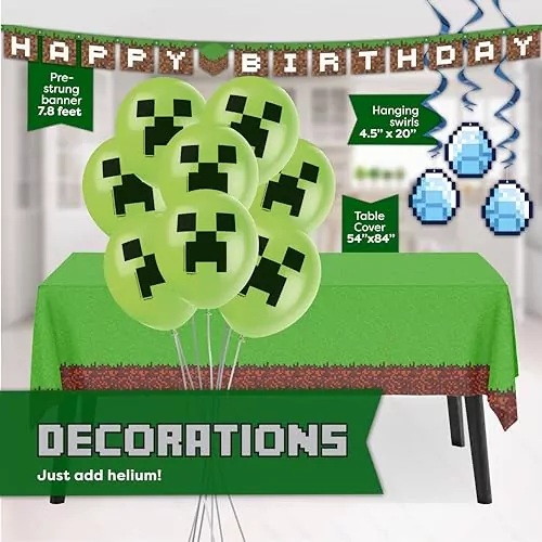 Complete Minecraft-themed Birthday Supplies Kit for 16 Kids - Includes Essential Decorations and Party Accessories for a Memorable Celebration