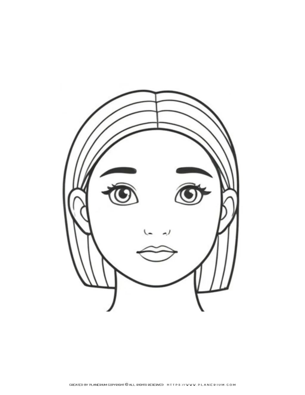 Outline drawing of a woman with large eyes, perfect for a coloring page. Front view illustration ideal for creative coloring activities. Keywords: coloring page, outline drawing, woman.