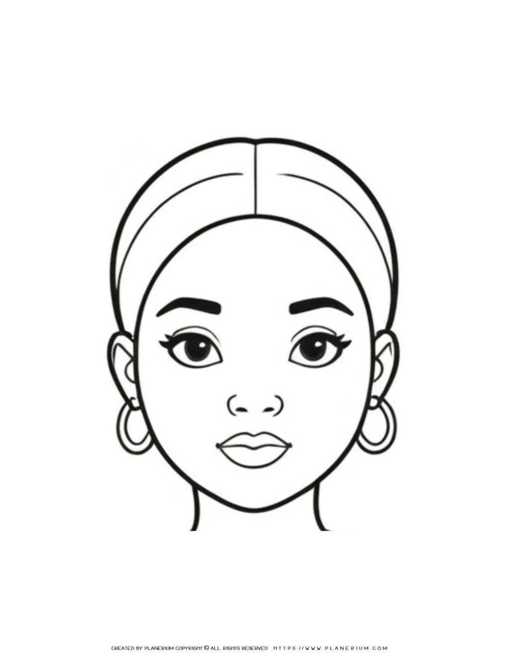 Front view portrait coloring page of a woman wearing a headband and round earrings, highlighting intricate details for coloring enthusiasts.