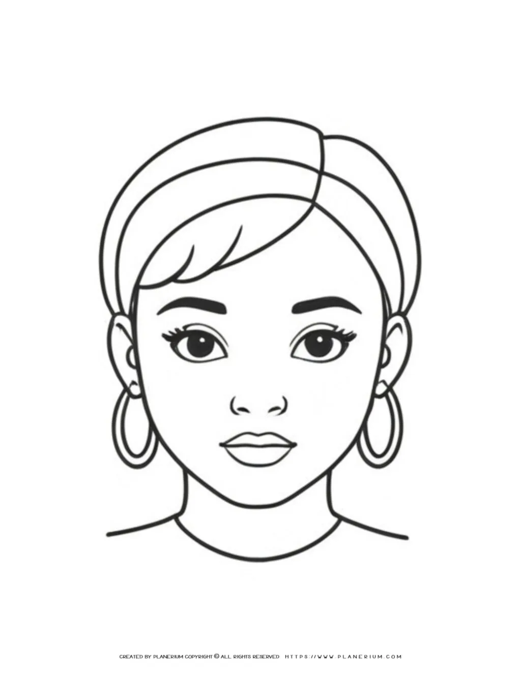 Abstract illustration of a woman's face featuring distinct round earrings, ideal for a coloring page with a unique artistic design.