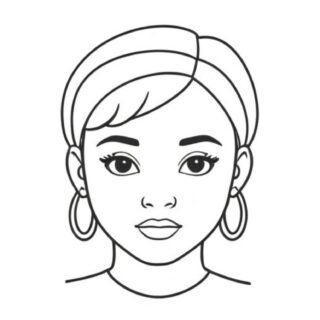 Abstract illustration of a woman's face featuring distinct round earrings, ideal for a coloring page with a unique artistic design.