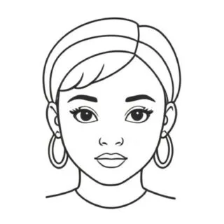 Abstract illustration of a woman's face featuring distinct round earrings, ideal for a coloring page with a unique artistic design.