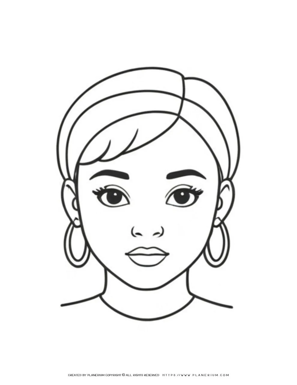 Abstract illustration of a woman's face featuring distinct round earrings, ideal for a coloring page with a unique artistic design.