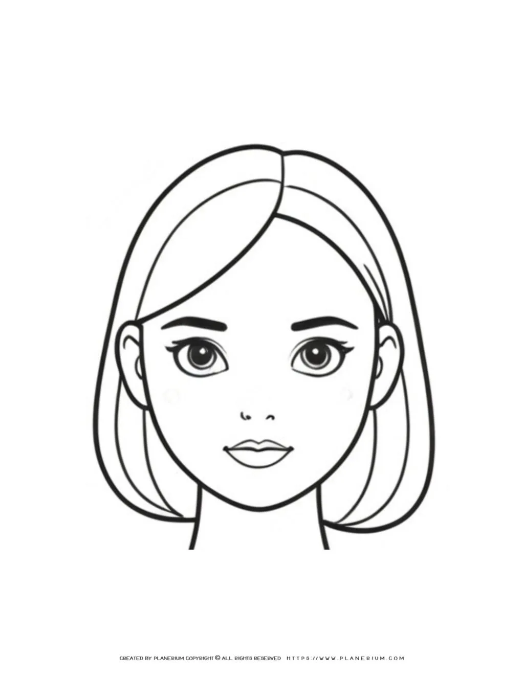Black and white outline coloring page featuring a young woman's face from the front view; perfect for artistic expression and creative coloring.