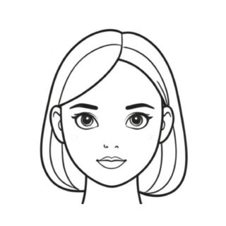 Black and white outline coloring page featuring a young woman's face from the front view; perfect for artistic expression and creative coloring.