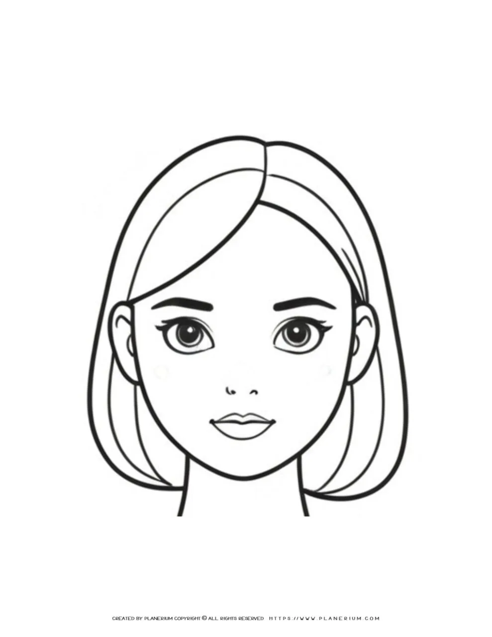 Black and white outline coloring page featuring a young woman's face from the front view; perfect for artistic expression and creative coloring.