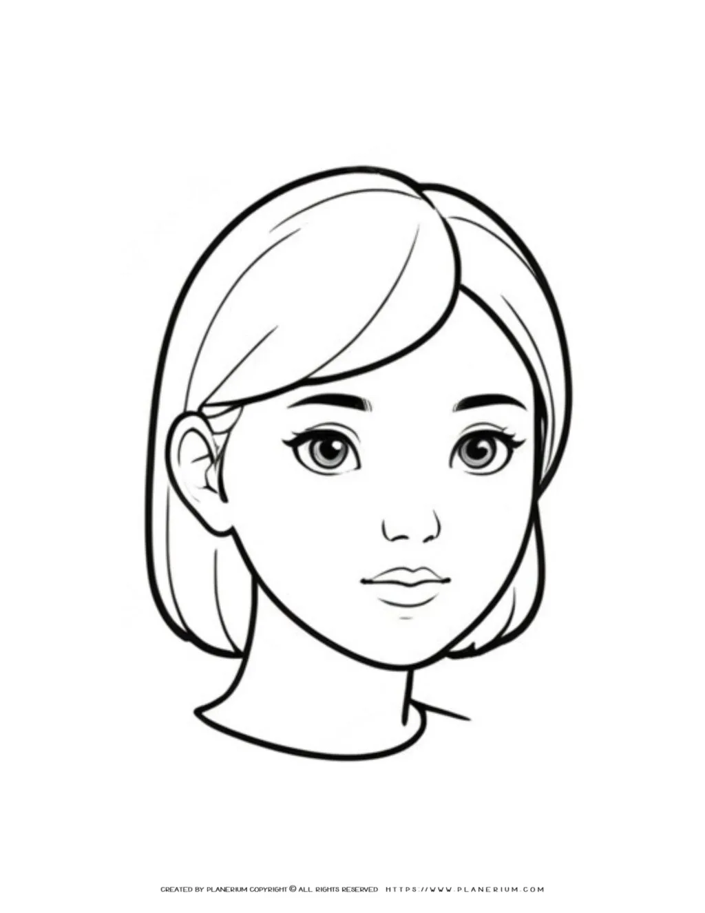 Artistic illustration of a young woman's face in profile, designed as a coloring page, highlighting delicate features and intricate linework.