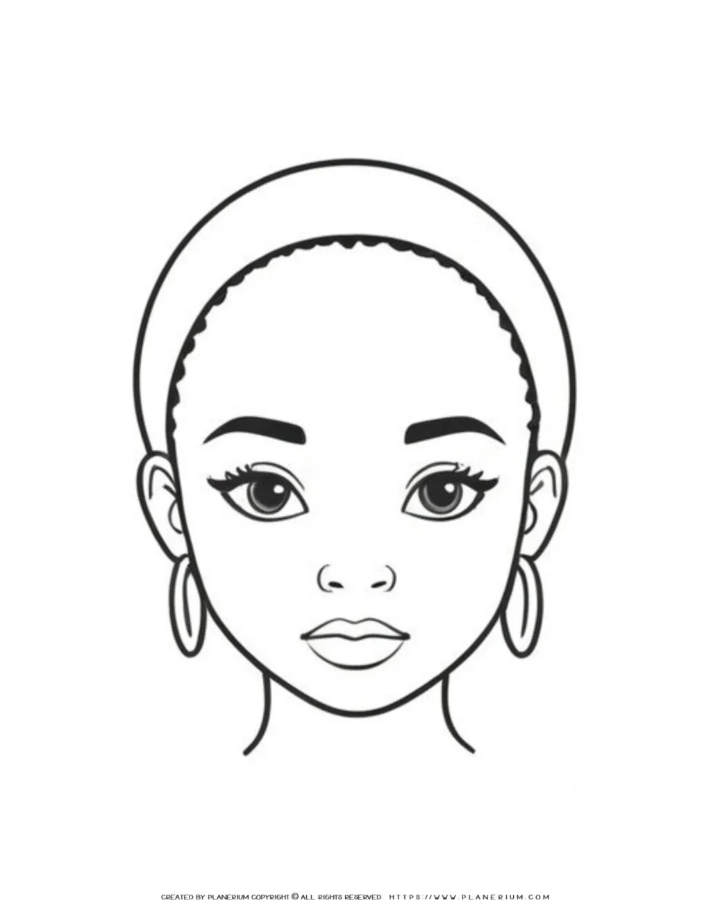 Minimalist coloring page design of a young woman with round earrings, showcasing a simple and elegant black and white portrait illustration.