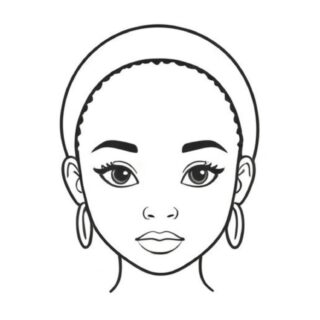 Minimalist coloring page design of a young woman with round earrings, showcasing a simple and elegant black and white portrait illustration.